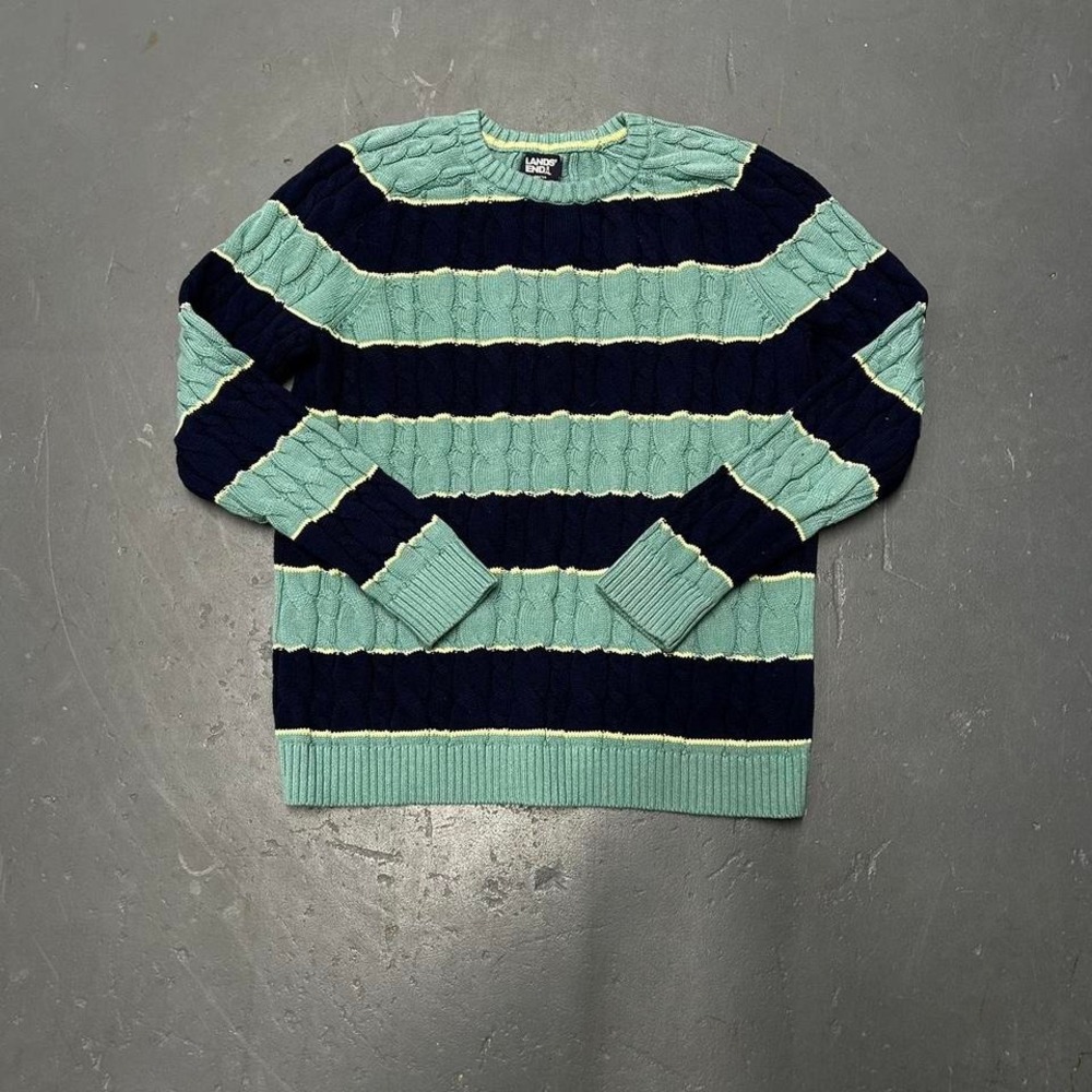 Vintage women's cozy aqua and navy blue striped cable knit sweater Size S